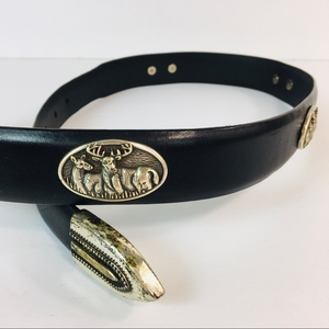 Belt‎ black leather silver deer plates
